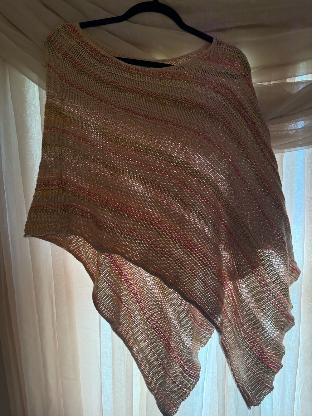 Sonoma Cream Knit Poncho with Pink & Gold Stripes